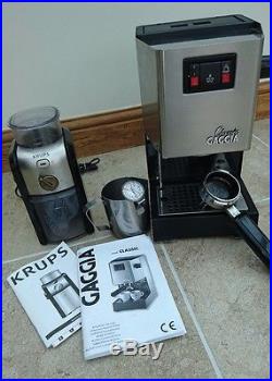 Gaggia Classic 2 Cups Espresso Machine chrome with coffee grinder and milk jug
