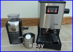 Gaggia Classic 2 Cups Espresso Machine chrome with coffee grinder and milk jug