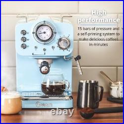 Swan Retro Pump Espresso Coffee Machine Blue 15 Bars Pressure Milk Frother 1.2L